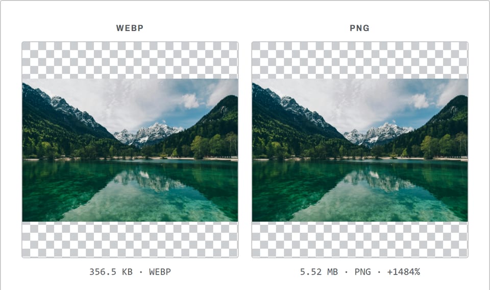 WebP to PNG converter showing a mountain lake photo: 356.5 KB as WebP and 5.52 MB after converting to PNG.